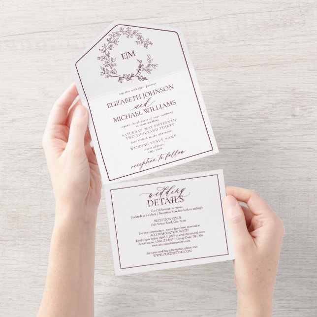QR Code Burgundy Leafy Crest Monogram Wedding All In One Invitation (Tearaway)