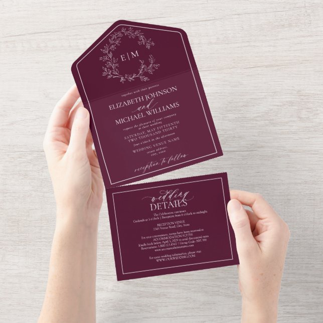 QR Code Burgundy Leafy Crest Monogram Wedding All In One Invitation (Tearaway)