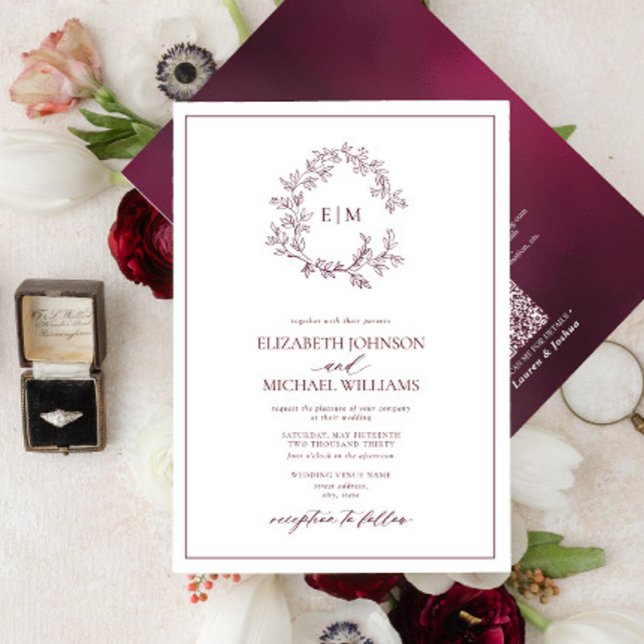 QR Code Burgundy Leafy Crest Monogram Wedding Invitation (Creator Uploaded)