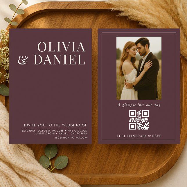 QR Code Burgundy Minimalist Photo Wedding Invitation (Creator Uploaded)