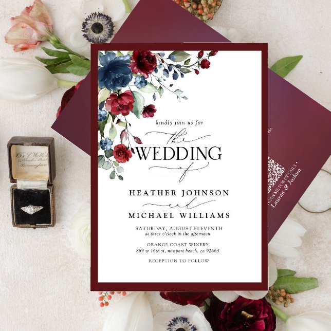 QR Code Burgundy & Navy Floral Watercolor Script Invitation (Creator Uploaded)