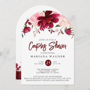 QR Code Burgundy Pink Floral Couples Shower Invitation
