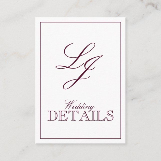 QR Code Burgundy Script Monogram Wedding Details Enclosure Card (Front)