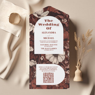 QR Code  Burgundy Wildflowers Wedding All In One Invitation