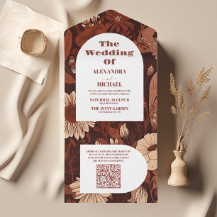 QR Code Burgundy Wildflowers Wedding All In One Invitation