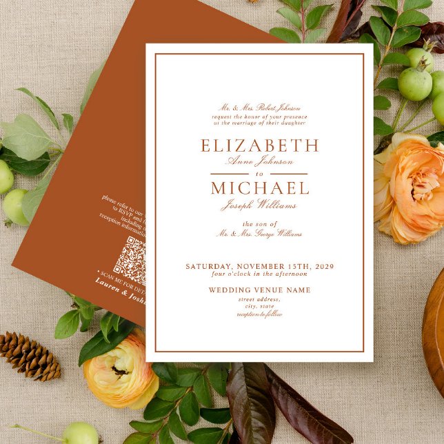 QR Code Burnt Orange Classic Script Wedding Invitation (Creator Uploaded)