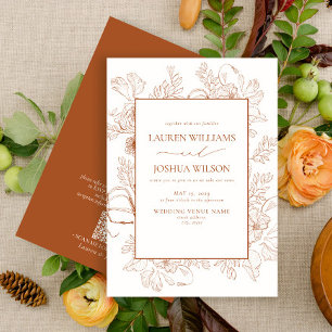 QR Code Burnt Orange Floral Line Art Wedding Invitation