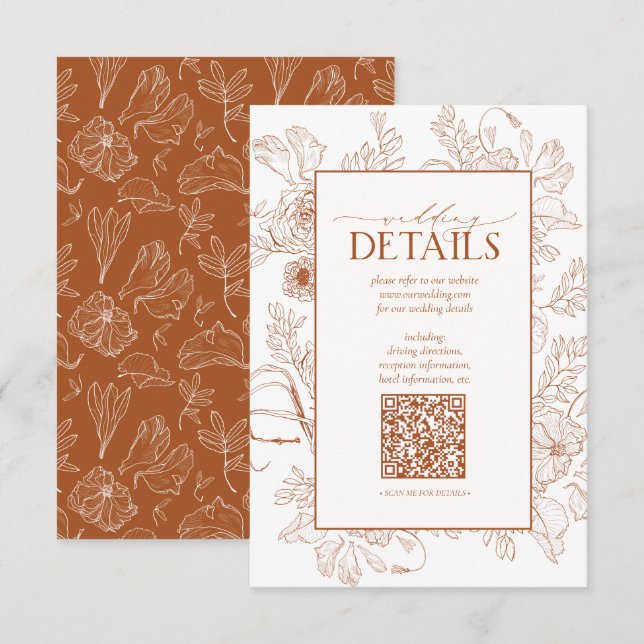 QR Code Burnt Orange Floral Wedding Details Enclosure Card (Front/Back)