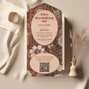 QR Code Burnt Orange Wildflowers Wedding All In One Invitation