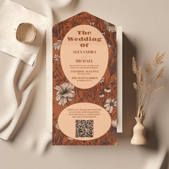 QR Code Burnt Orange Wildflowers Wedding All In One Invitation (Creator Uploaded)