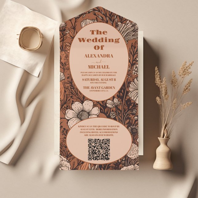 QR Code Burnt Orange Wildflowers Wedding All In One Invitation (Creator Uploaded)