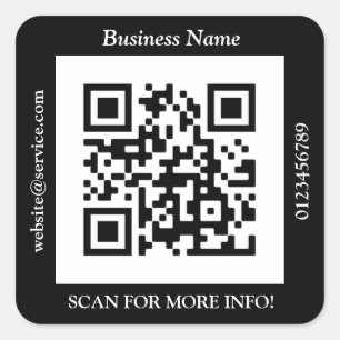 QR Code Bus. Name Website Promo, Black Square Sticker