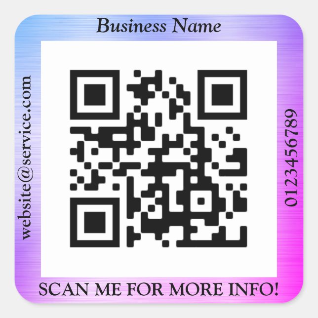 QR Code Bus. Name Website Promo, Blue & Purple Square Sticker (Front)