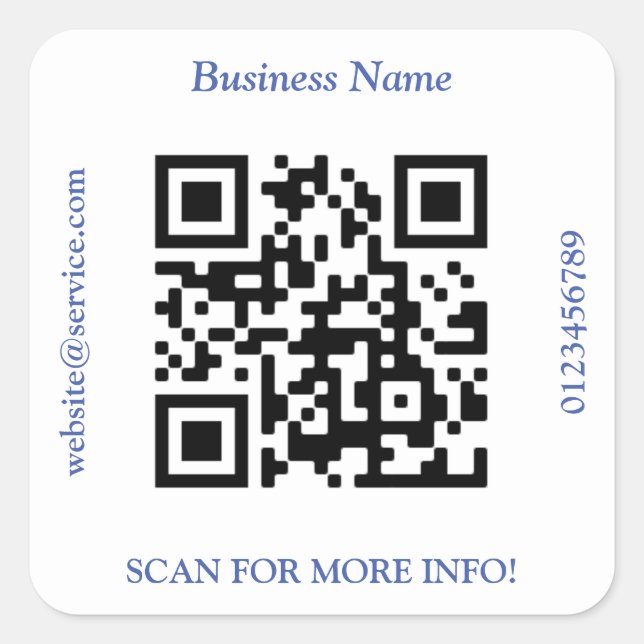 QR Code Bus. Name Website Promo, Blue Text Square Sticker (Front)