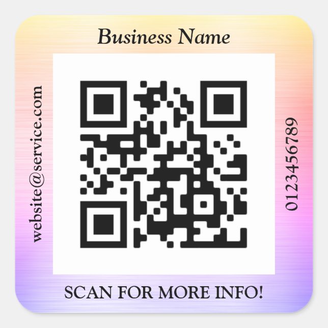 QR Code Bus. Name Website Promo, Brushed Rainbow Square Sticker (Front)