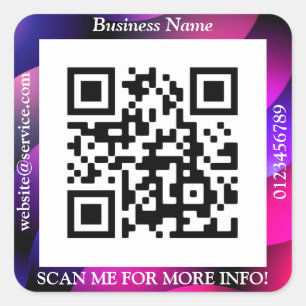 QR Code Bus. Name Website Promo, Geometric/Purple Square Sticker