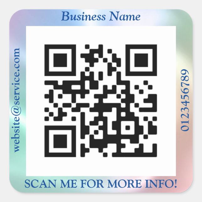 QR Code Bus. Name Website Promo, Iridescent/Blue Square Sticker (Front)
