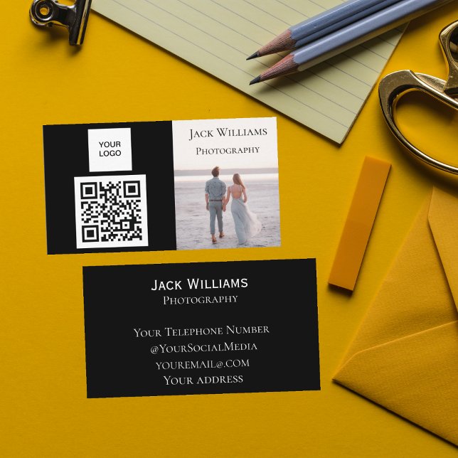 QR Code Business Black Professional Photographer  Business Card (Creator Uploaded)