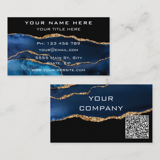 QR Code Business Card Agate Navy Blue Gold Glitter (Front/Back)