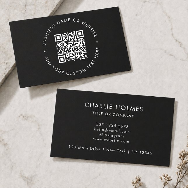 QR Code Business Cards | Custom Sleek Black Card (Interactive editable QR code business cards to promote your business, products or services.)
