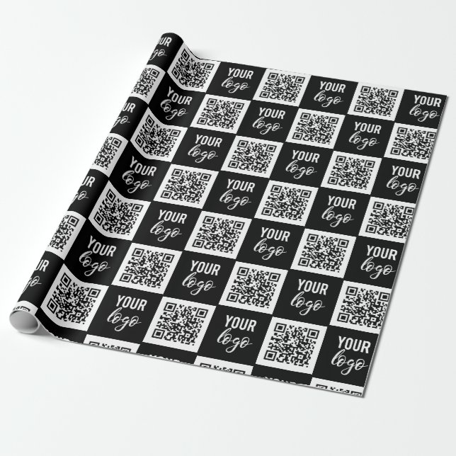 QR Code Business Logo Black Minimalist Business Wrapping Paper (Unrolled)