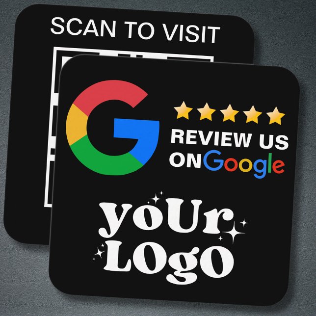 QR Code Business Logo Black Modern Google Review Square Business Card (Creator Uploaded)