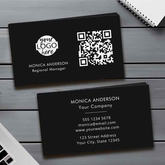 QR Code Business Logo Black Modern Professional Card (Custom QR Code Logo Modern Black and White Business Card)
