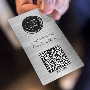 QR Code Business Logo Brushed Silver Business Card