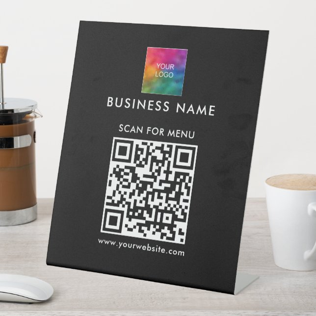 QR Code Business Logo Here Scan Menu Simple Black Pedestal Sign (In SItu)