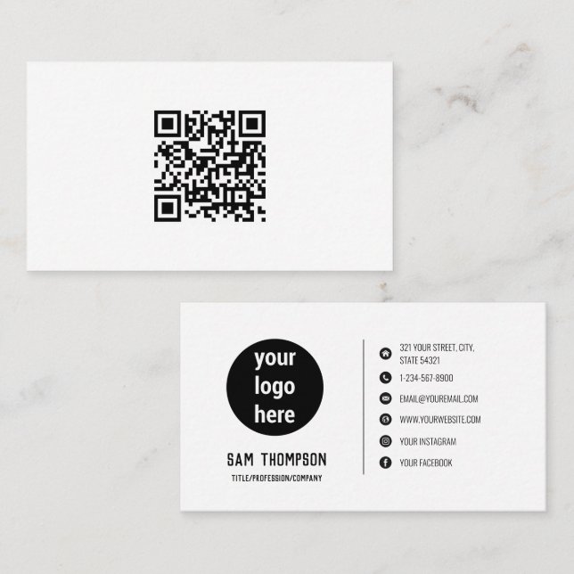 QR Code Business Logo Modern Minimal Business Card (Front/Back)
