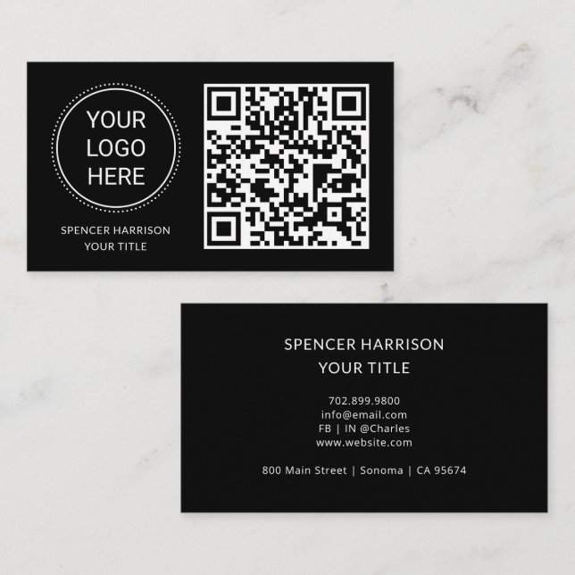 QR Code Business Logo | Modern Professional Black Business Card (Front/Back)