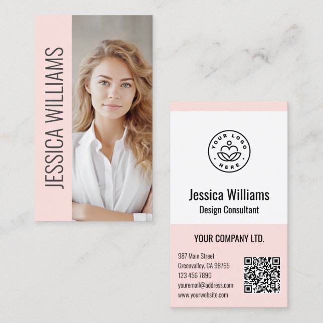 QR Code Business Logo Modern Professional Blush Business Card (Front/Back)