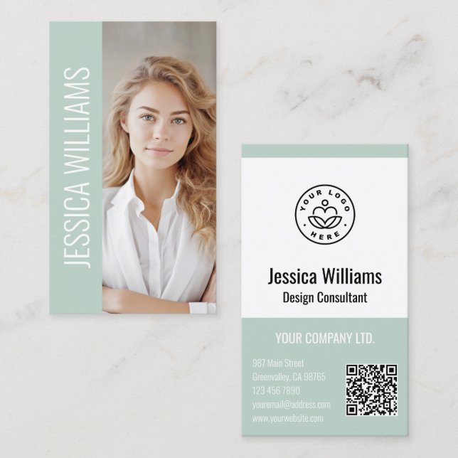 QR Code Business Logo Modern Professional Green Business Card (Front/Back)