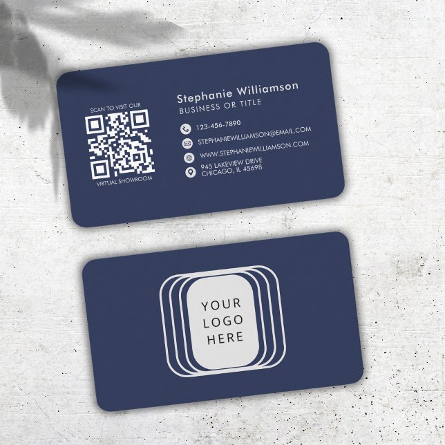 QR Code Business Logo Navy Modern Professional  Business Card (Creator Uploaded)