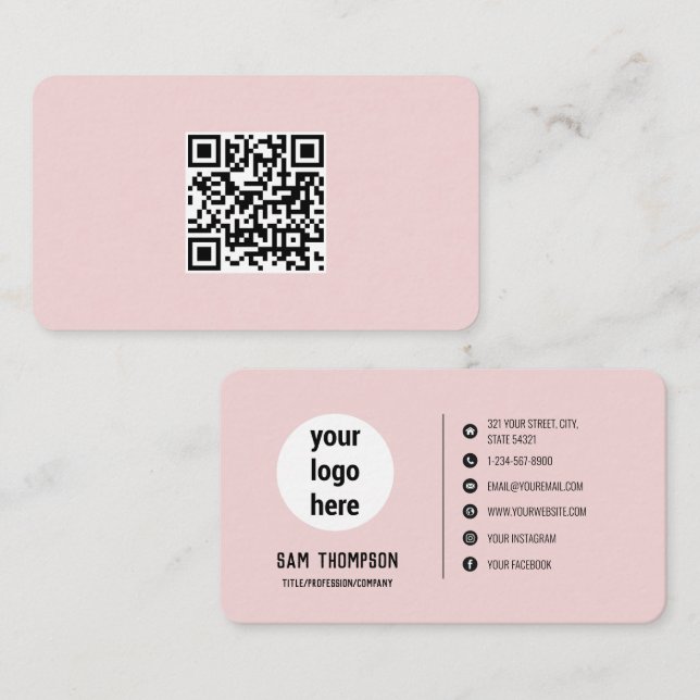 QR Code Business Logo Pink Minimal Business Card (Front/Back)