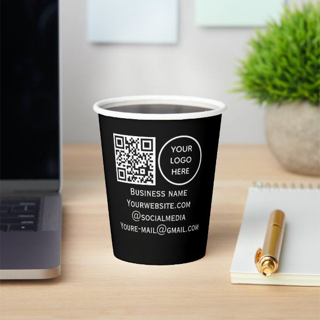 QR Code Business Logo Professional Black Modern Paper Cups (Insitu)