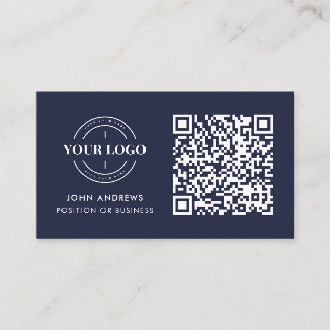 QR Code Business Logo Professional Navy Blue Business Card (Front)