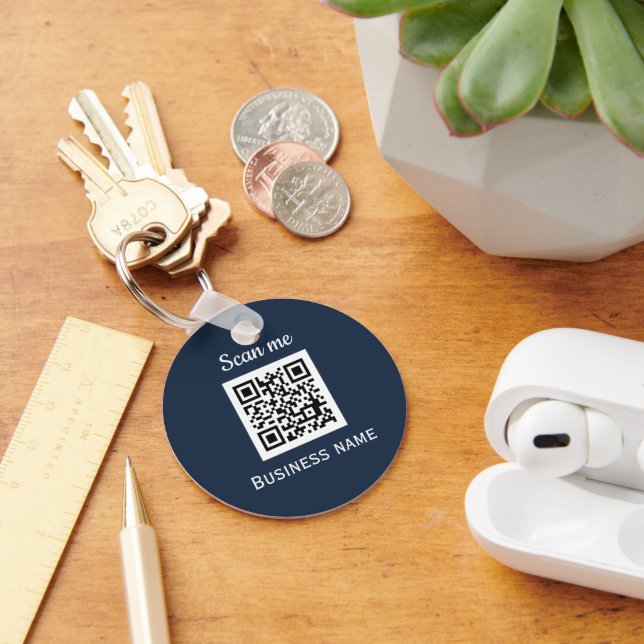 QR Code Business Logo Professional Navy Blue Key Ring (Desk)