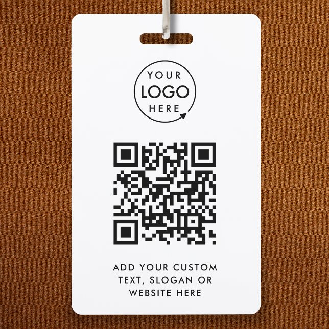 QR Code | Business Logo Professional Simple White ID Badge (Versatile ID badge template with interactive QR code & your company branding.)