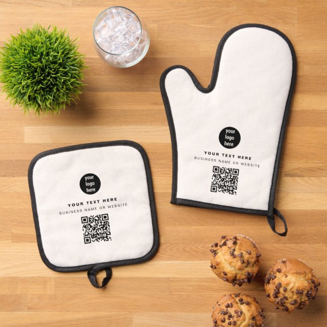 QR Code Business Logo White Minimalist Business  Oven Mitt & Pot Holder Set (Top Down)