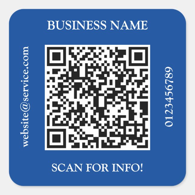 QR Code Business Name Website Promo Deep Blue Square Sticker (Front)