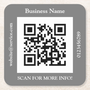 QR Code Business Name, Website Promo, Grey Square Paper Coaster