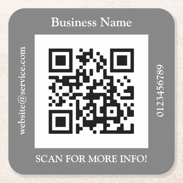 QR Code Business Name, Website Promo, Grey Square Paper Coaster (Front)