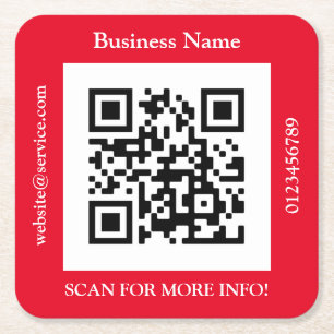 QR Code Business Name, Website Promo, Red Square Paper Coaster