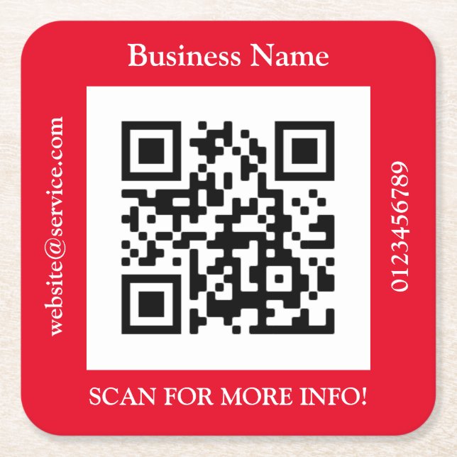 QR Code Business Name, Website Promo, Red Square Paper Coaster (Front)