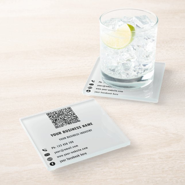 QR Code Business Promotional Glass Coaster Example (Angled)