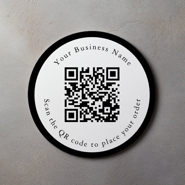 QR Code cafe/business table menu sticker (Bold and simple round sticker with WR code, thick border, business details and scan instructions)