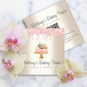 QR Code Cake Blush Pink Glitter Drips Gold Bakery Square Business Card