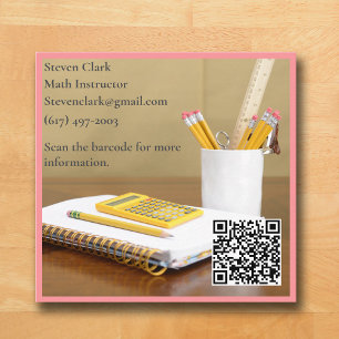 QR Code Calculator Pink Tutor Math Teacher Square Business Card
