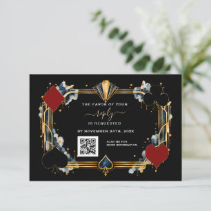 QR Code Casino Navy Gold Black Art Deco Wedding RSVP Card